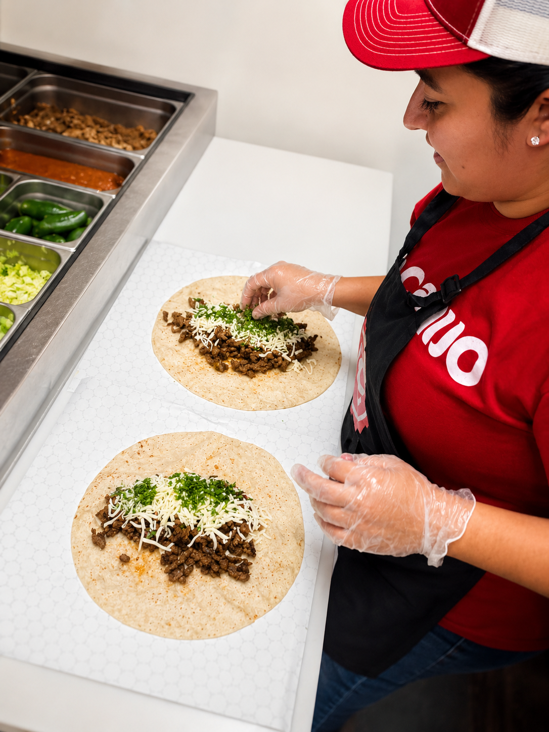 A Ta Canijo team member assembling fresh burritos with steak, cheese, and cilantro at the prep counter