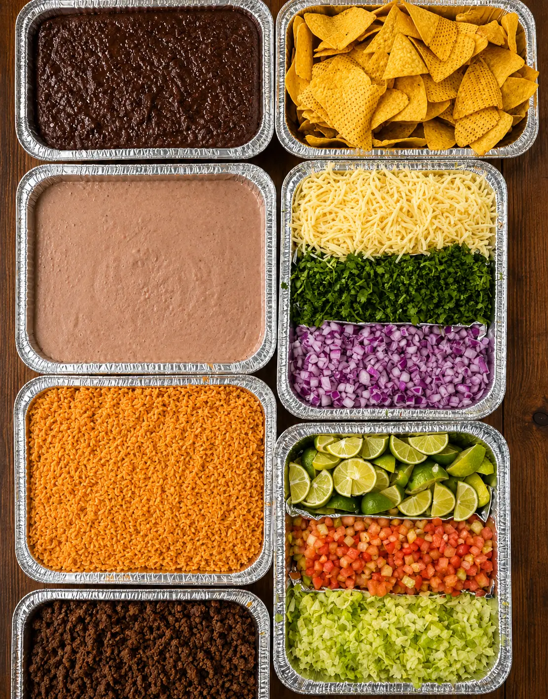 Fresh taco bar ingredients in catering trays