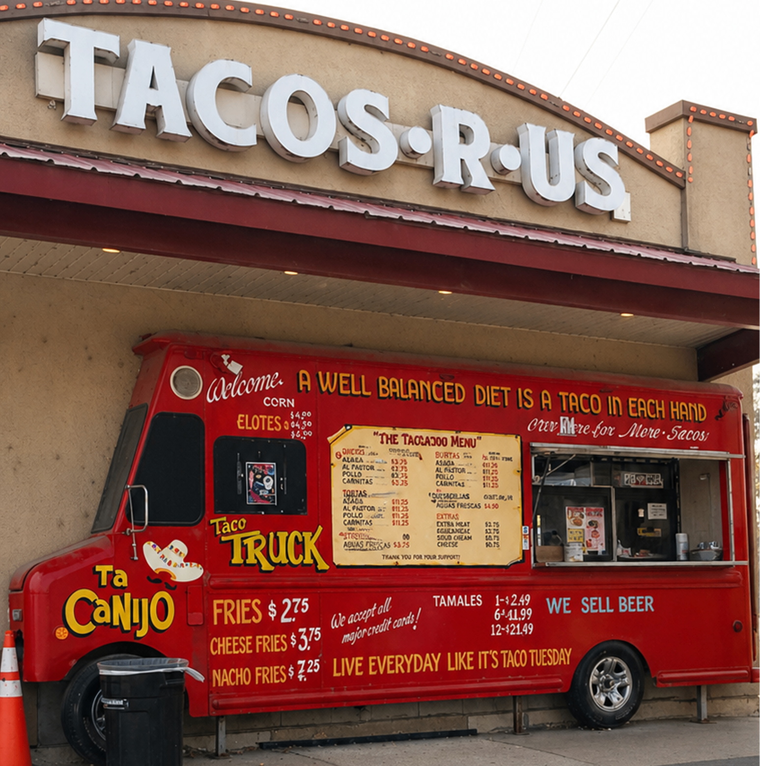Ta Canijo taco truck parked under TACOS-R-US sign